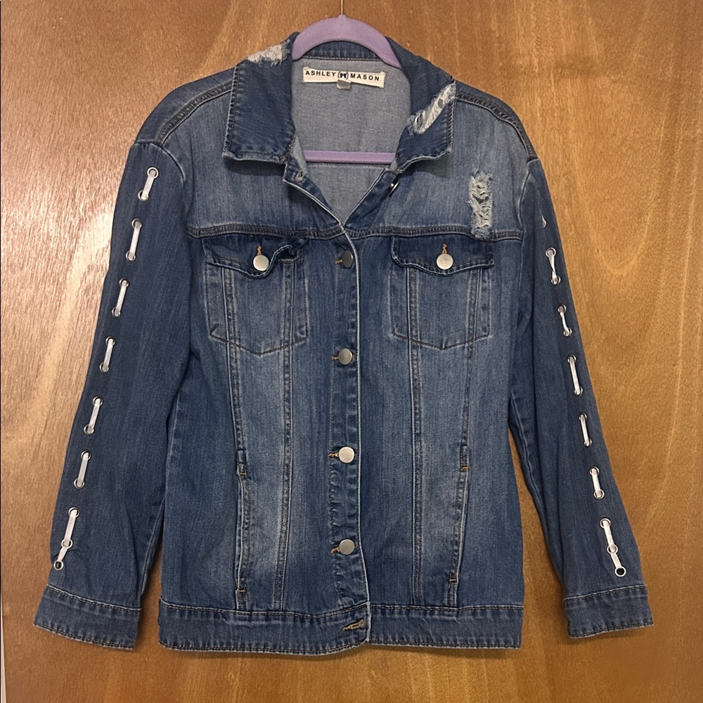 Ashley Mason Blue Distressed Denim Jacket with Sleeve Lace-Up Detail